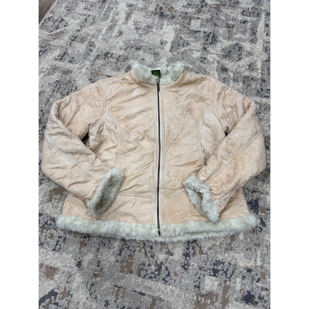 Cabelas Womens Faux Suede Shearling Jacket Tan Full Zip Faux Fur Trim Medium